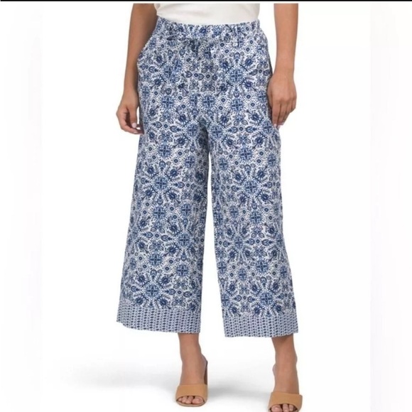 Joie Wide Leg Linen Blend Pant Boho Blue Pockets Print /Size 4 - Picture 1 of 8